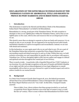 Declaration of the Kitsumkalum Indian Band of the Tsimshian Nation of Aboriginal Title and Rights to Prince Rupert Harbour and Surrounding Coastal Areas