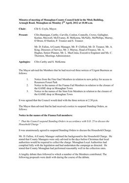 Minutes of Meeting of Monaghan County Council Held in the Mtek Building, Armagh Road, Monaghan on Monday 2Nd April, 2012 at 10.00 A.M