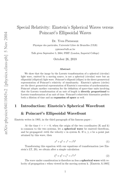 Special Relativity: Einstein's Spherical Waves Versus Poincare's Ellipsoidal Waves