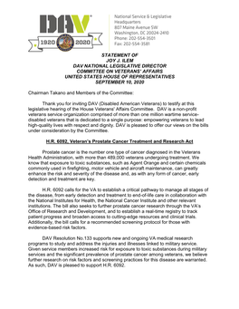 Statement of Joy J. Ilem Dav National Legislative Director Committee on Veterans’ Affairs United States House of Representatives September 10, 2020