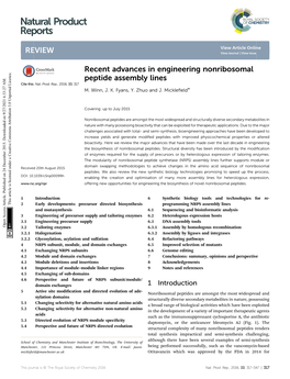 Recent Advances in Engineering Nonribosomal Peptide Assembly Lines Cite This: Nat