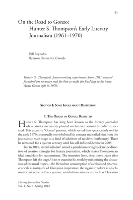 On the Road to Gonzo: Hunter S. Thompson's Early Literary Journalism (1961–1970)