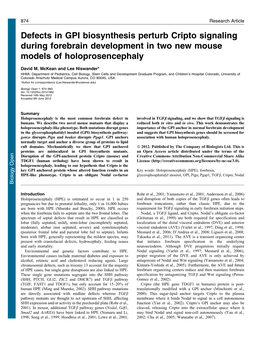 Defects in GPI Biosynthesis Perturb Cripto Signaling During Forebrain Development in Two New Mouse Models of Holoprosencephaly