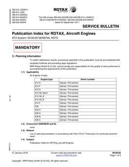 SERVICE BULLETIN Publication Index for ROTAX® Aircraft Engines