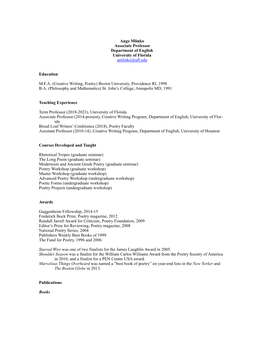 Ange Mlinko Associate Professor Department of English University of Florida Amlinko@Ufl.Edu
