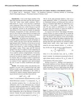 Ice Sublimation, Outgassing, and Melting on Ceres: Models and Observations