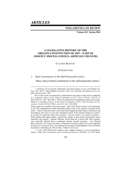 A Legislative History of the Oregon Constitution of 1857—Part Iii (Mostly Miscellaneous: Articles Viii-Xviii)