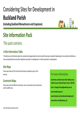 Considering Sites for Development in Buckland Parish (Including Buckland Monachorum and Crapstone) Site Information Pack This Pack Contains