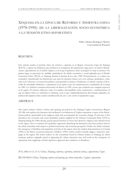 Xinjiang En La Época De Reforma Y Apertura China (1978-1990): De La Liberalización Socio -Económica Issn: 2386 a La Tensión Etno -Separatista