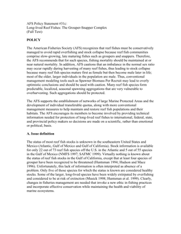 AFS Policy Statement #31C: Long-Lived Reef Fishes: the Grouper-Snapper Complex (Full Text)