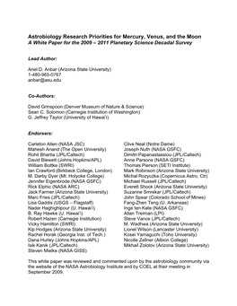 Astrobiology Research Priorities for Mercury, Venus, and the Moon a White Paper for the 2009 – 2011 Planetary Science Decadal Survey