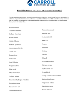 2021 FA CHEM-106 Possible Hazards