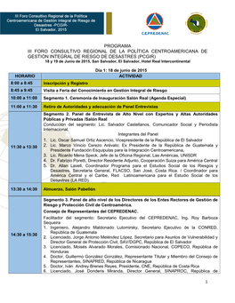 Programa Iii Foro Consultivo Regional De La Política Centroamericana De Gestión Integral De Riesgo De Desastres (Pcgir)