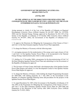 GOVERNMENT of the REPUBLIC of LITHUANIA RESOLUTION No 573