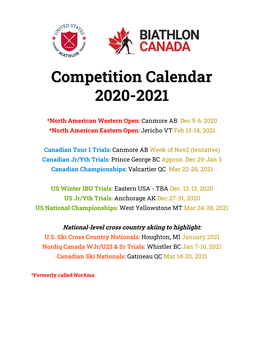 2020-2021 North American Biathlon Competition Calendar