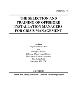 The Selection and Training of Offshore Installation Managers for Crisis Management