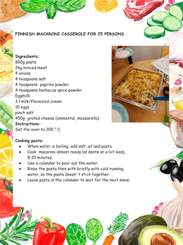 FINNISH MACARONI CASSEROLE for 25 PERSONS Ingredients: 800G Pasta 2Kg Minced Meat 4 Onions 4 Teaspoons Salt 4 Teaspoons Paprika