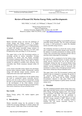 Review of Present UK Marine Energy Policy and Developments