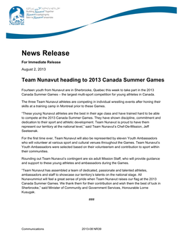 Team Nunavut Heading to 2013 Canada Summer Games