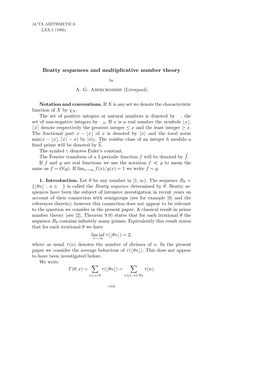 Beatty Sequences and Multiplicative Number Theory