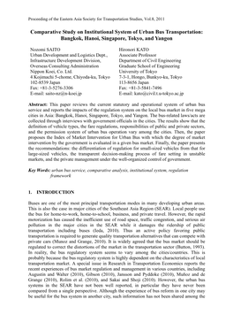 Comparative Study on Institutional System of Urban Bus Transportation: Bangkok, Hanoi, Singapore, Tokyo, and Yangon