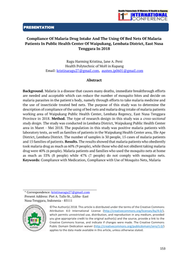 Compliance of Malaria Drug Intake and the Using of Bed Nets of Malaria Patients in Public Health Center of Waipukang, Lembata District, East Nusa Tenggara in 2018