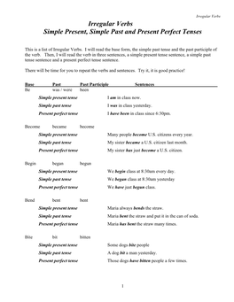 Irregular Verbs Simple Present, Simple Past and Present Perfect Tenses