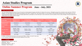 Asian Studies Program Online Summer Program June – July, 2021