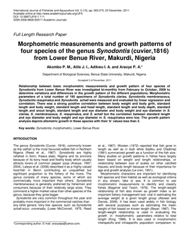 Morphometric Measurements and Growth Patterns of Four Species of the Genus Synodontis (Cuvier,1816) from Lower Benue River, Makurdi, Nigeria