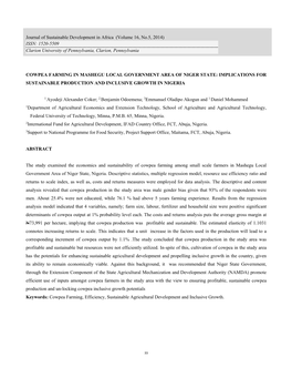 Cowpea Farming in Mashegu Local Government Area of Niger State: Implications for Sustainable Production and Inclusive Growth in Nigeria