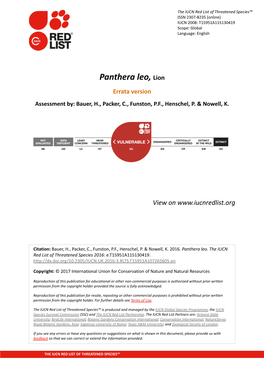 Panthera Leo, Lion Errata Version Assessment By: Bauer, H., Packer, C., Funston, P.F., Henschel, P