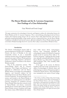 The Huron-Wendat and the St. Lawrence Iroquoians: New Findings of a Close Relationship