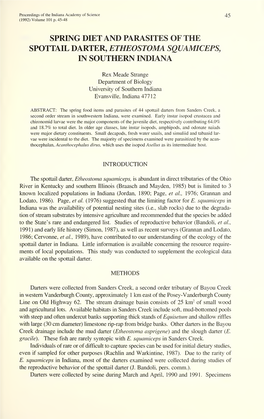 Spring Diet and Parasites of the Spottail Darter, Etheostoma Squamiceps, in Southern Indiana