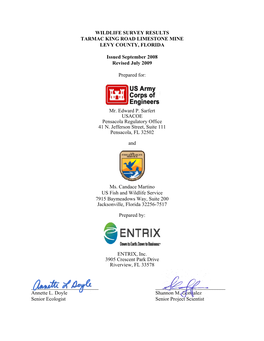 Wildlife Survey Results, Tarmac King Road Limestone Mine, Levy County