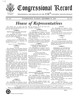 Congressional Record United States Th of America PROCEEDINGS and DEBATES of the 116 CONGRESS, SECOND SESSION