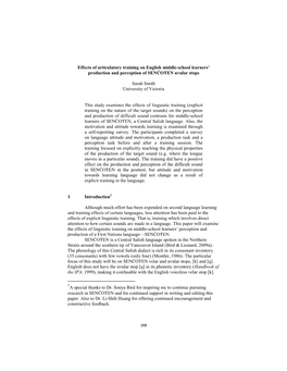 Effects of Articulatory Training on English Middle-School Learners’ Production and Perception of SENĆOŦEN Uvular Stops