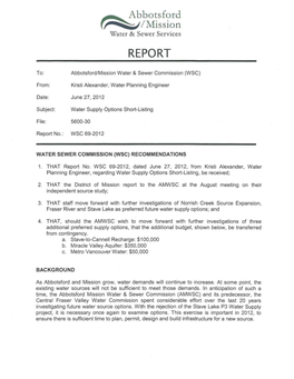 WSC 69-2012 Water Supply Options Short Listing