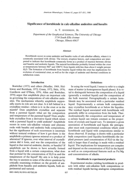 Significance of Hornblende in Calc-Alkaline Andesites and Basalts