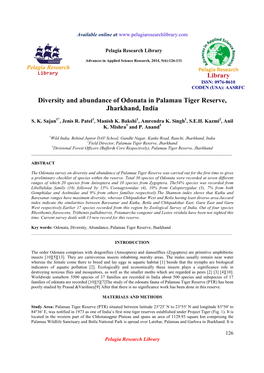 Diversity and Abundance of Odonata in Palamau Tiger Reserve, Jharkhand, India