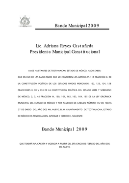 Bando Municipal 2009 Lic. Adriana Reyes Castañeda Presidenta