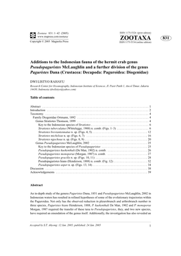 Crustacea, Anomura, Paguroidea, Diogenidae, Stratiotes, Pseudopaguristes, New Spe- Cies, Indonesia