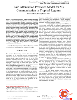 Rain Attenuation Predicted Model for 5G Communication in Tropical Regions Trilochan Patra, Swarup Kumar Mitra