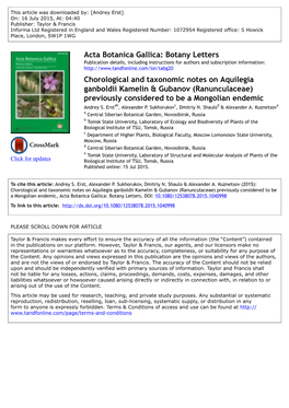 Chorological and Taxonomic Notes on Aquilegia Ganboldii Kamelin & Gubanov (Ranunculaceae) Previously Considered to Be a Mongolian Endemic Andrey S