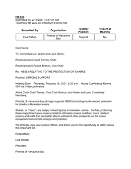 HB-553 Submitted On: 2/16/2021 10:57:21 AM Testimony for WAL on 2/18/2021 8:30:00 AM