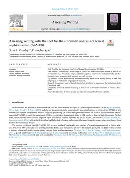 Assessing Writing with the Tool for the Automatic Analysis of Lexical Sophistication (TAALES) T ⁎ Scott A