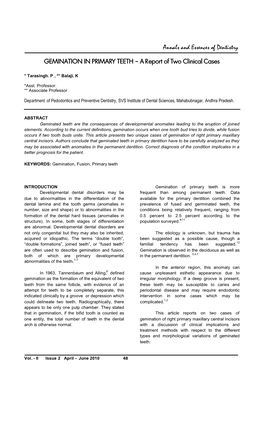 GEMINATION in PRIMARY TEETH – a Report of Two Clinical Cases