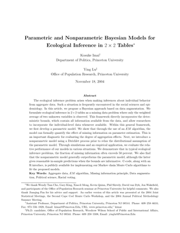 Parametric and Nonparametric Bayesian Models for Ecological Inference in 2 × 2 Tables∗