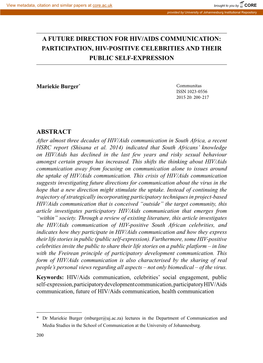 A Future Direction for Hiv/Aids Communication: Participation, Hiv‑Positive Celebrities and Their Public Self‑Expression