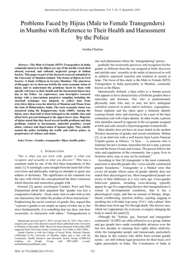 Problems Faced by Hijras (Male to Female Transgenders) in Mumbai with Reference to Their Health and Harassment by the Police
