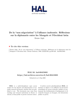 Alliance Inaboutie. Réflexions Sur La Diplomatie Entre Les Mongols Et L’Occident Latin Denise Aigle